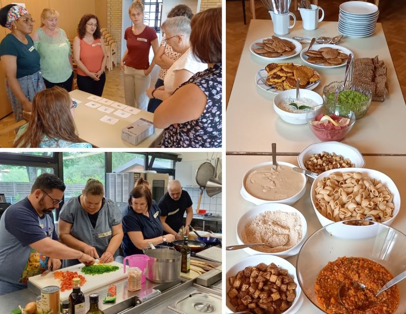 Workshopteilnehmende diskutieren und kochen gemeinsam und fertiges Buffet